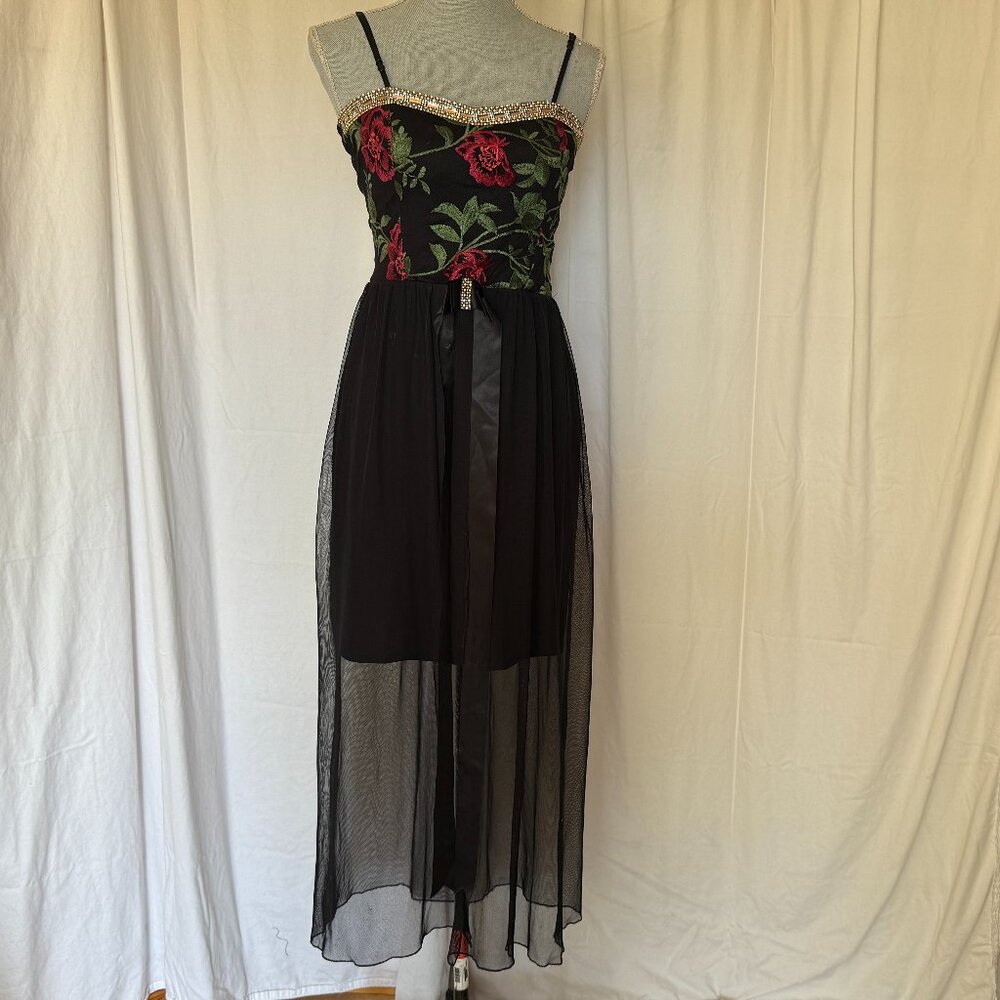Pretty Pink Roses Embroidered w sequence border on Black Tulle Mini Dress S